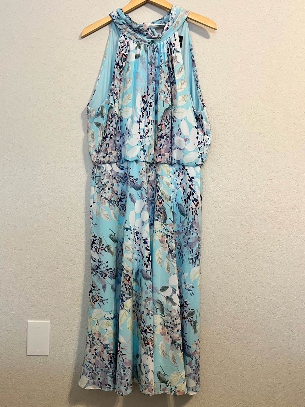 Adrianna Papell Floral Scarf Neck Midi Dress Blue Watercolor Sleeveless Size 16